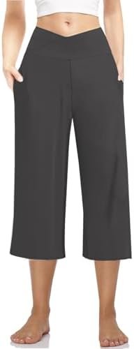 3 Pack Womens Wide Leg Yoga Capris Crossover High Waist Casual Capri Pants Loose Soft Pajama Pockets Sweatpants