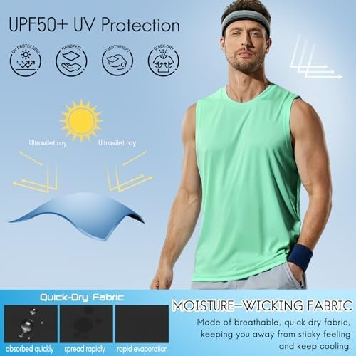 Men's Workout Tank Top Dry Fit UPF 50 Sleeveless Muscle Tee Shirts for Swim, Running, Hiking, Beach